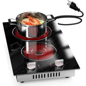 2 Burners Electric Cooktop 2000W, Plug in Electric Stove Top110v, Countertop & Built-in Cook top 12 Inch, 2 Burner Cooktop Knob Control, 9 Power Levels, Grey knob, Karienvir, 12 Inch 2 Burner Grey Konb