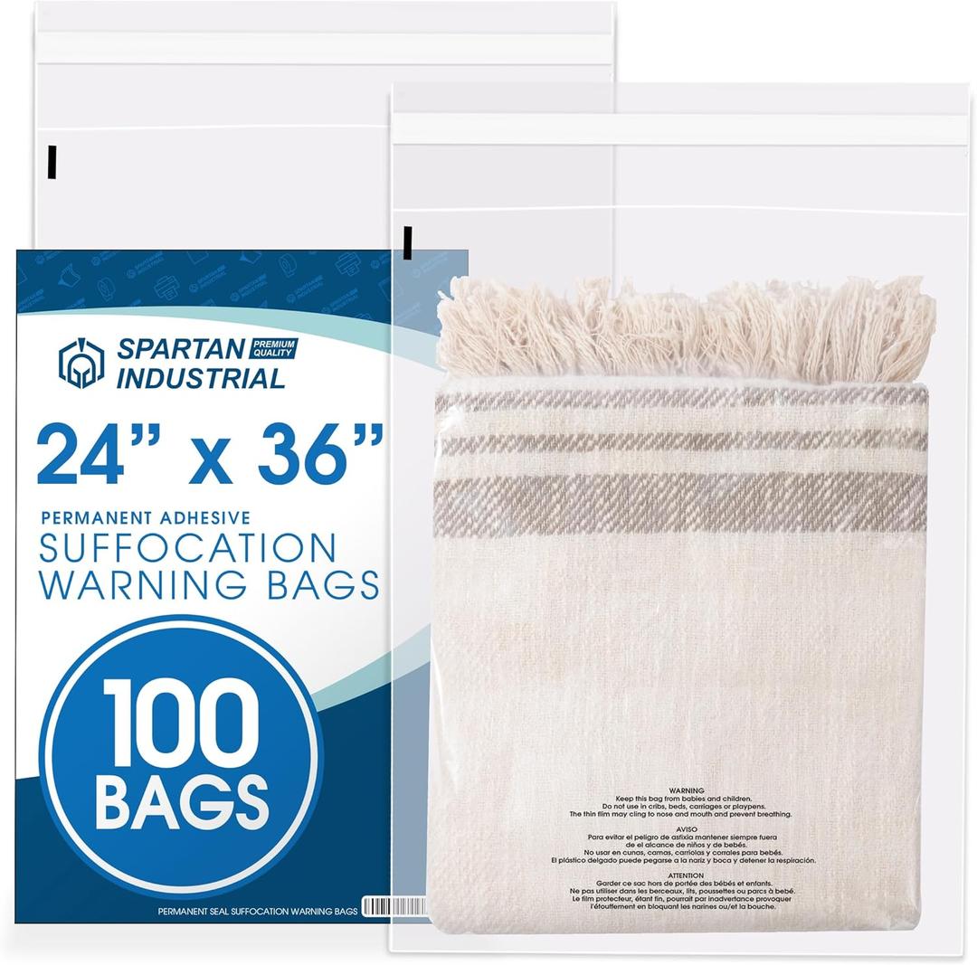 Spartan Industrial - 24 X 36 (100 Count) Self Seal Clear Poly Bags with Suffocation Warning for Packaging, T Shirts & Shipping - Permanent Adhesive