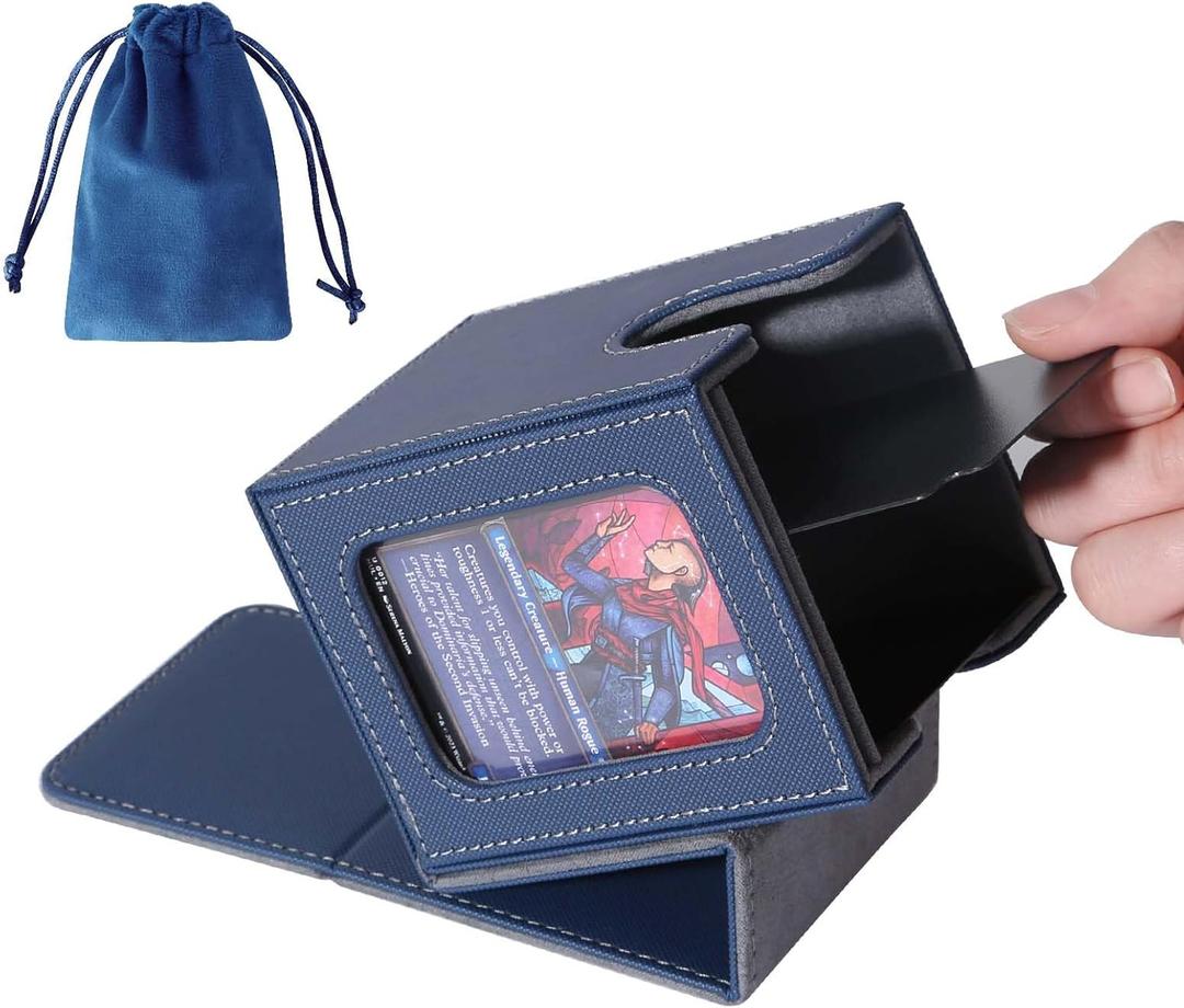 AFIING MTG Deck Box for Commander Display,Card Deck Box Fits 100 Double Sleeved Cards, Magic Commander TCG Card Storage with 2 Dividers,Dice Bag and 1 Toploader(Blue/Grey)