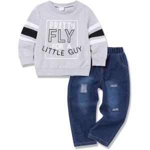Oklady Toddler Boy Clothes Colorblock Long Sleeve Letter Sweatshirts Top and Ripped Jeans Pants Boys Fall Winter Outfits (3-4T, Grey)