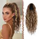 FESHFEN Ponytail Extensions, Long Curly Wavy Drawstring Ponytails Fluffy Clip in Pony Tail Hair Piece Synthetic Hairpieces for Women, 18 inch Golden Brown Mix Blonde
