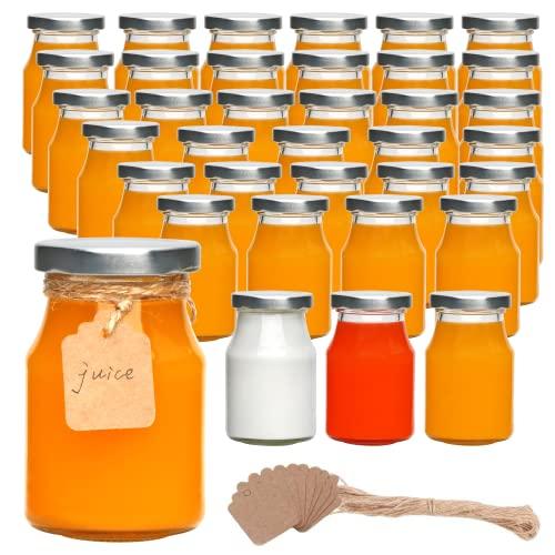 Accguan 6oz Glass Milk Bottles,Small Juice Bottles with Silver Caps,Jute Twine & Tag, Glass Yogert Jars Clear Glass Jars for Cake,Milk,Honey,Jam,Jelly,Spice,Wedding Favors,Shower Favors (Pack of 28)