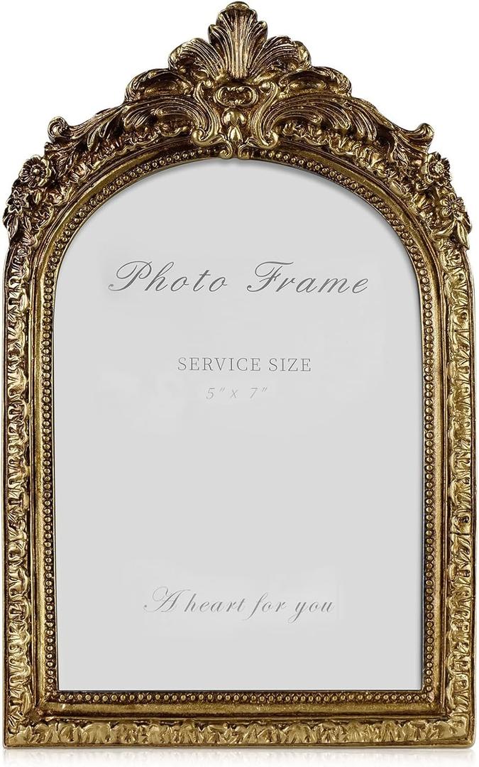 Cuspin Vintage Picture Frames 5x7 Gold Frame, Gold Ornate Resin Photo Frame with Glass Front for Tabletop and Wall Mounting, Antique Arched Picture Frame for Home Decor