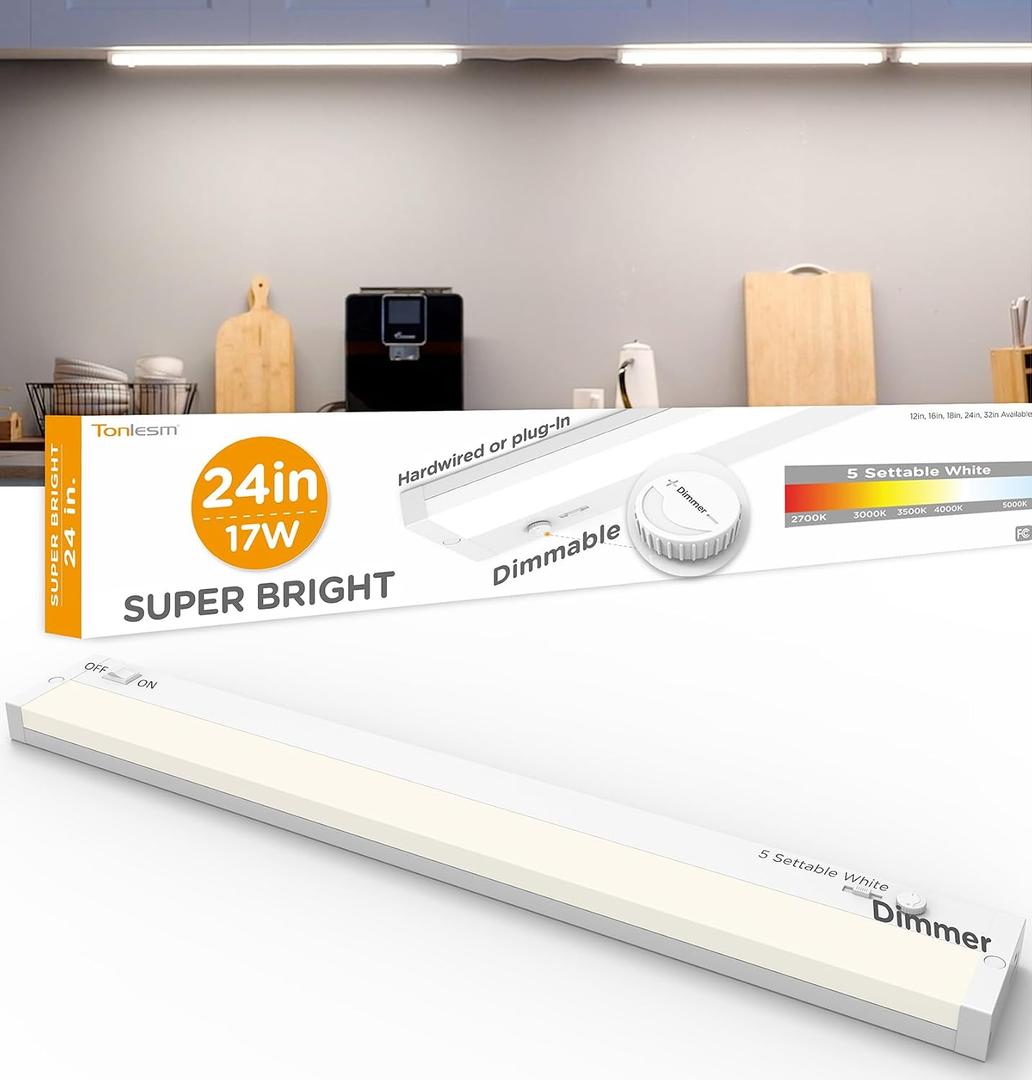 LED Under Cabinet Lighting Hardwired Or Plug in, 24 Inch17W1700LM Super Bright,Dimmable With Dimmer,120V 5CCT 2700/3000/3500/4000/5000K, Linkable Cabinet Light,Under Counter Lights for Kitchen