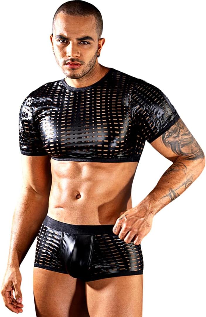 Kaei&Shi Mens Crop Top,Short Sleeve Shirt,Hollow Out Shorts Set Sexy Club Outfits Black Kaei&Shi Mens Crop Top,Short Sleeve Shirt,Hollow Out Shorts Set Sexy Club Outfits Black