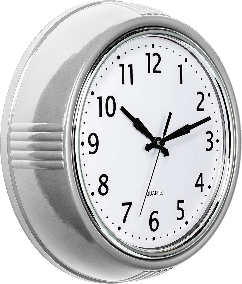 Bernhard Products Retro Wall Clock 12 Inch Silver Kitchen 50's Vintage Design Round Silent Non Ticking Quality Quartz Battery Operated for Home/Office/Kitchen/Living Room/School Classroom
