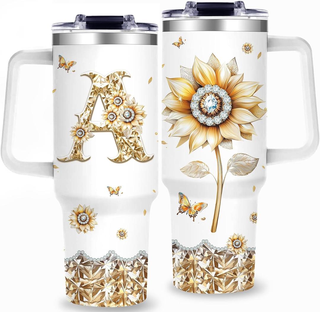 Monogrammed 40oz Tumbler with Handle for Women, Personalized Birthday Gifts,Initial Cups for Women Sunflower Letter A,Customized Gifts for Female Lady Gift for Mothers Day Christmas
