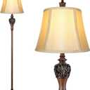 Vintage Floor Lamp for Living Room Traditional Farmhouse Tall Standing Lamp Mid-century Antique Bedroom Pole Lamp with Bell Shape Faux Silk Shade Elegant Rustic Bright Lighting for Reading Home Decor (Beige & Brown)