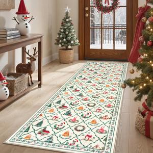 LIVEBOX Beige Christmas Runner Rug 2x6 - Soft Washable Xmas Tree Kitchen Rug Runner, Low-Pile Neutral Rugs for Bedroom Hallway, Non-Skid Farmhouse Rugs Winter Holiday Decor for Entryway Bathroom