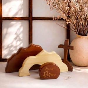 Empty Tomb Scene Spring Easter Decorations, He is Risen Natural Wood Easter Decor, Christian Resurrection Scene, Religious Easter Decorations for Home, Church, Office, He is Risen Table Decor Gifts