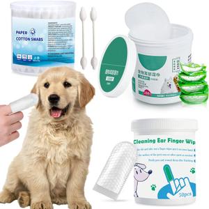 Pet Ear Wipes Kit Cat and Dog Ear Cleaner Wipes Multipurpose Grooming 50Pcs Finger Wipes+150Pcs Cleansing Pads+56Pcs Gourd Shaped Cotton Swabs Odor Control Reduce Dirt and Itch Relief