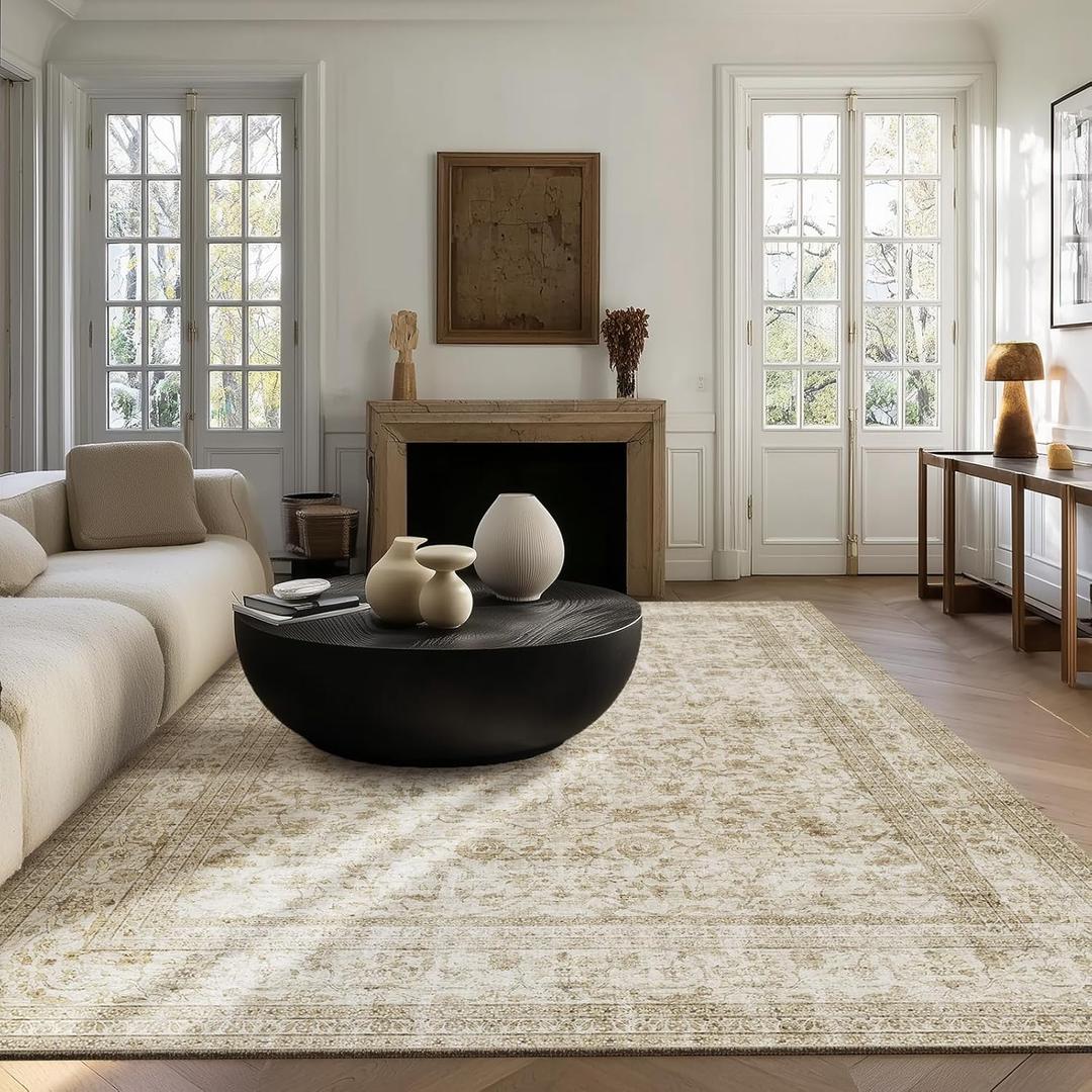 Machine Washable Rugs for Living Room: 5x7 Area Rugs for Bedroom Boho Vintage Rugs Stain Resistant Non Slip Low Pile Soft Lightweight Carpet for Kitchen Dining Room Farmhouse Nursery Kids Room (Beige and Brown)