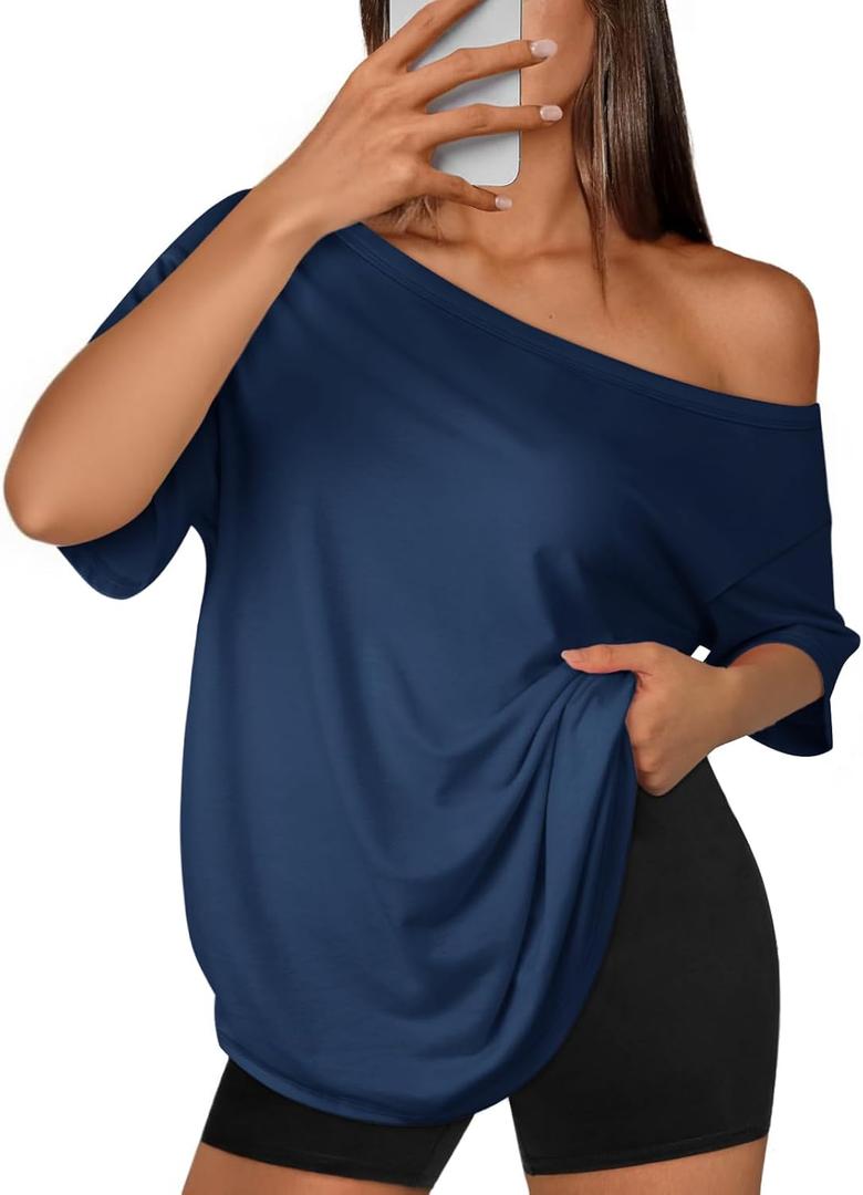 ATHMILE Off The Shoulder Tops for Women 2026 Y2K Loose Fit Tops Oversized Tshirts Fashion Going Out Outfits Casual Basic Tees (Large)