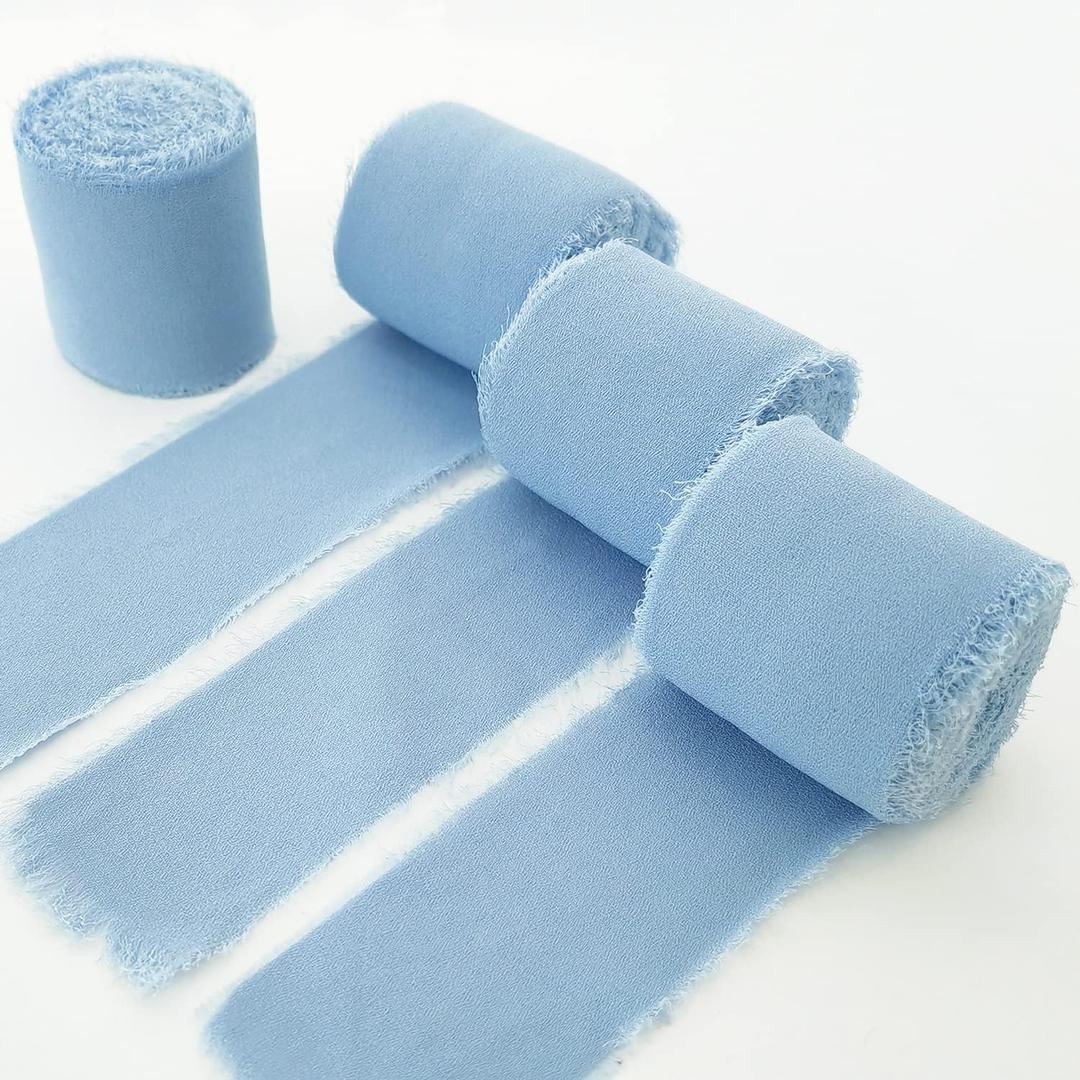 TONIFUL 4 Rolls 1-1/2 Inch Dusty Baby Blue Light Blue Chiffon Silk Ribbon 22yds Handmade Fringe Chiffon Ribbons Set for Wedding Invitations, Bridal Bouquets, Gifts Wrapping (Baby Blue, 22yds, 1.5")