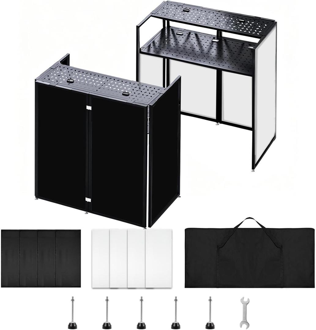 Portable DJ Facade Booth, Foldable DJ Table Stand, 40x20x45 " Tabletop, DJ Facade Station for DJ Controller, Mixer & LaptopEvents&Parties Includes Carry Bag & Black and White Lighting Scrims