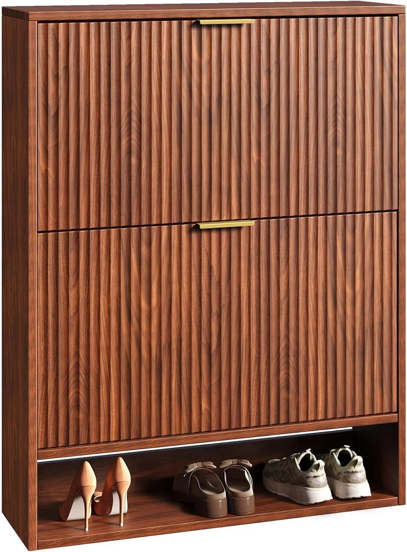 31.5''W Walnut Shoe Storage Cabinet for Entryway with 2 Flip Drawers, Fluted Slim Shoe Cabinet, Free Standing Wooden Shoes Organizer for Foyer, Hallway