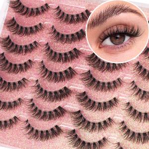 False Lashes Clear Band Faux Mink Lashes Wispy Eyelashes Cat Eye 16mm Natural D-Curl Lashes Cat Eye Strip Eyelashes Pack by Kiromiro, 14 Pairs