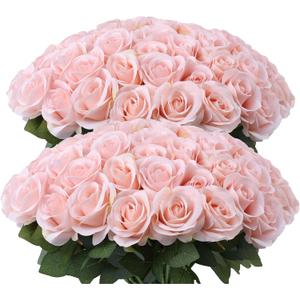 52pcs Blush Pink Roses Artificial Flowers Ivory Fake Flowers Silk Roses with Stems for DIY Wedding Bouquets Bridal Shower Centerpieces Arrangements Party Decorations