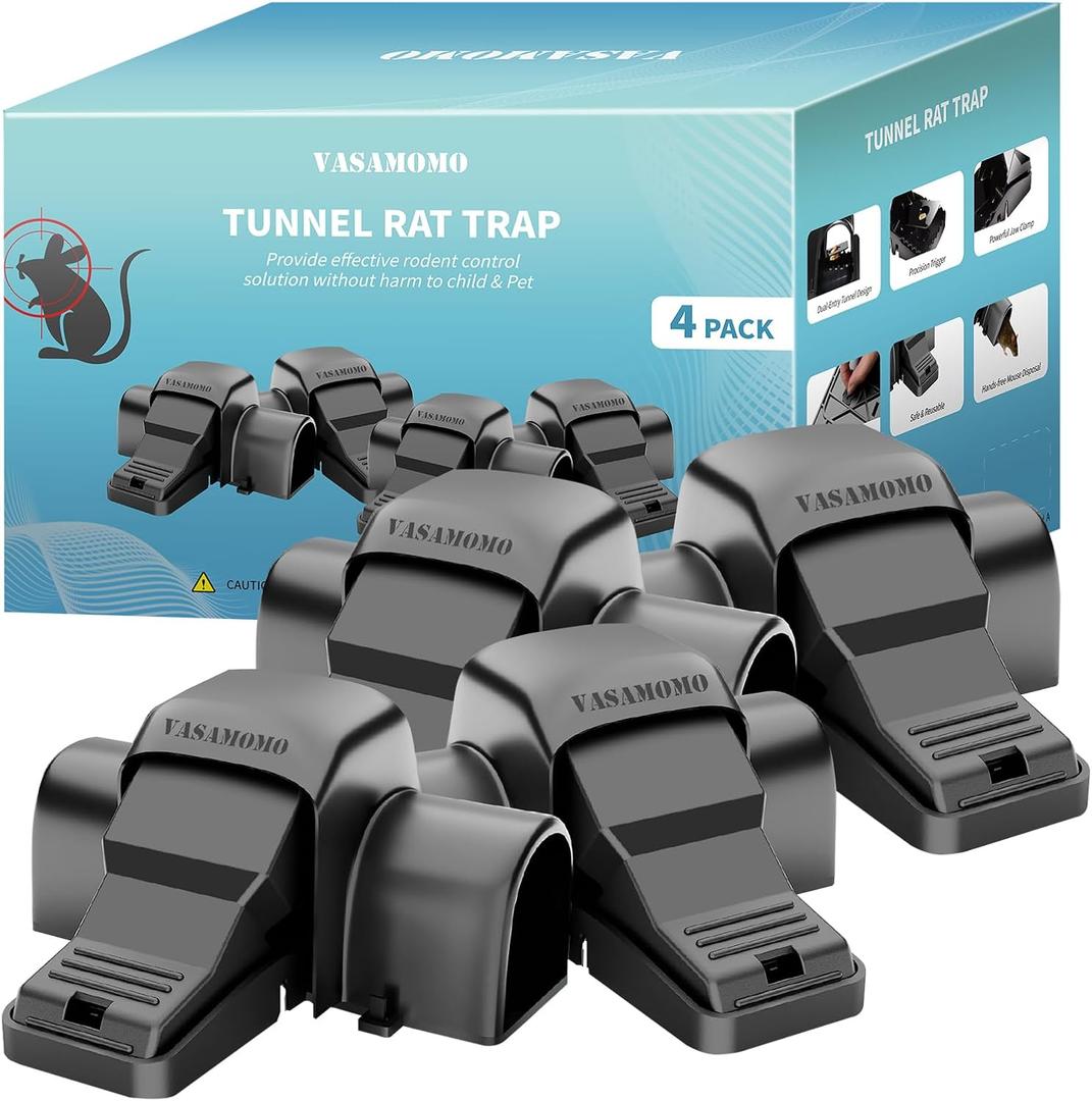 Large Rat Trap, Humane Dual-Entry Tunnel Traps for Rat, Mice & Chipmunks, Instant Kill Rodent Snap Trap with Sensitive Trigger and Powerful Jaws, for Both Indoor & Outdoor,Pack of 4