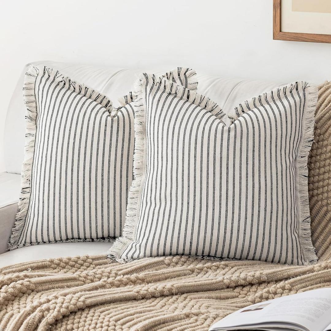 YEENAASY Throw Pillow Covers 16x16 Set of 2 Striped Fringe Pillow Cover Farmhouse Cushion Covers with Tassel Neutral Boho Pillows Decorative Square Pillowcase for Couch Sofa Bed, Black