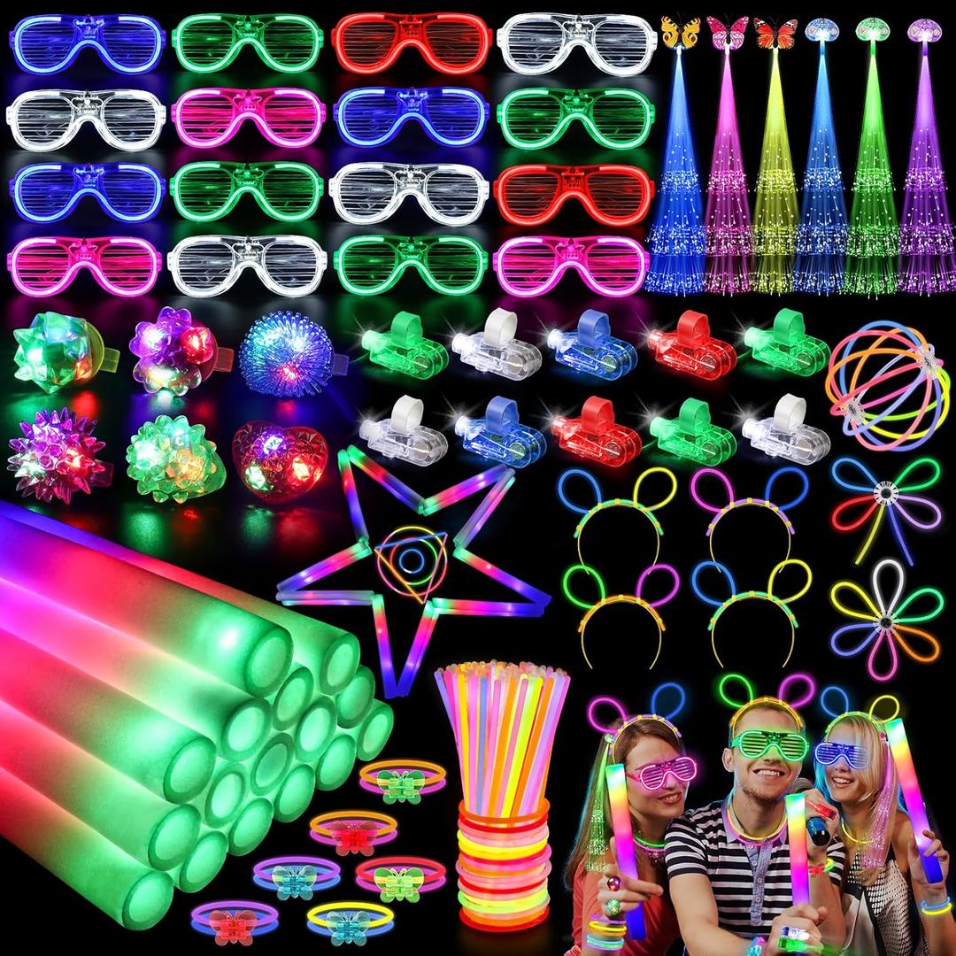 170PCS Glow in the Dark Party Supplies, 16PCS LED Foam Sticks, 16PCS LED Glasses and 100PCS Glow Sticks Necklaces Bracelets Headband, Light Up Party Favors for Kids Adults, Wedding, Concert, Birthday