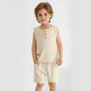 Weixinbuy Toddler Baby Boy Outfits Summer Clothes Set Cotton Linen Sleeveless Pocket T-Shirt Tops Shirt Shorts Outfit Set Khaki