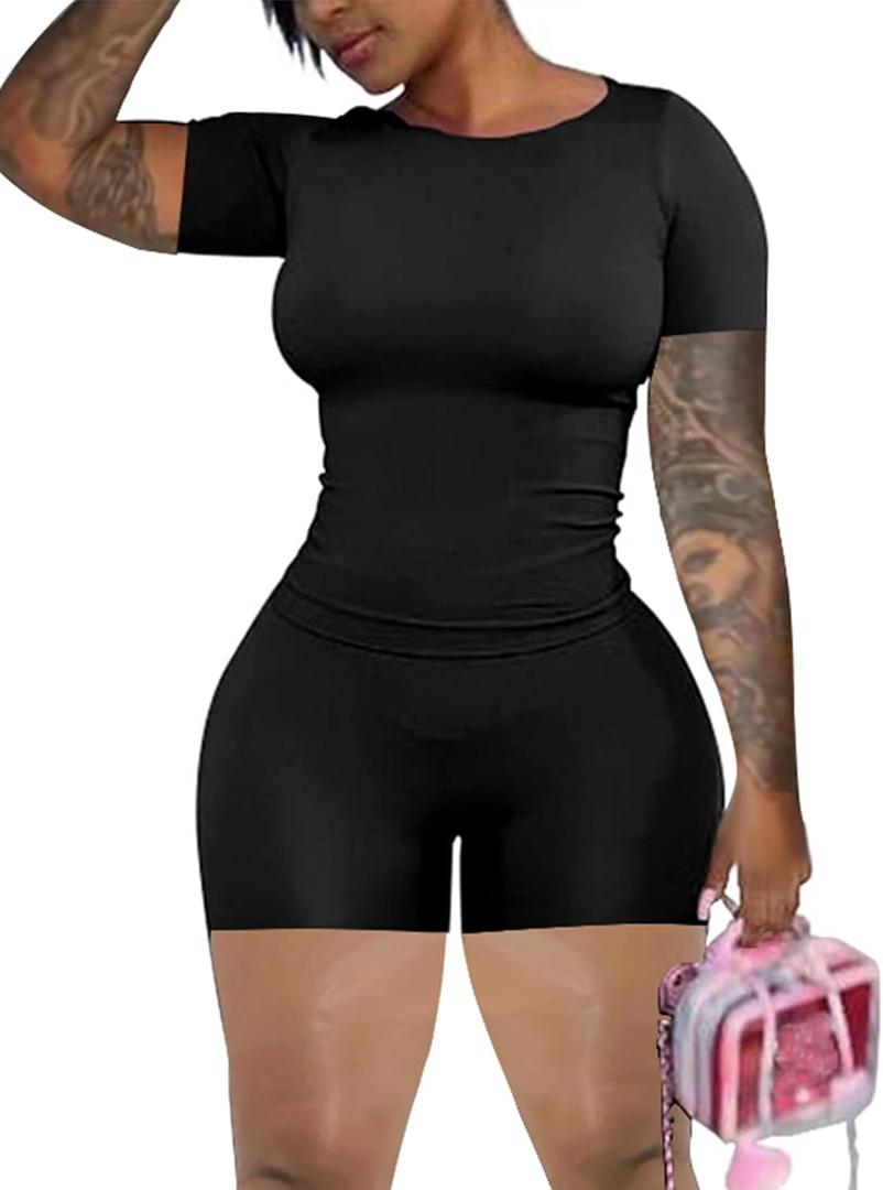 chicyes Lounge 2 Piece Sets For Women Summer Gym Two Piece Outfits Workout Plus Size Set Matching Shorts Clothes (Small, Black)