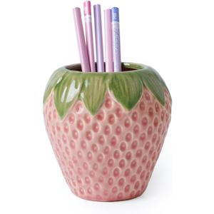 Strawberry Pencil Holder, Cute Pen Holder for Desk, Ceramic Pen Holder, Stand Makeup Brush Holder, for School, Home, Office Desk Decor(Pink)