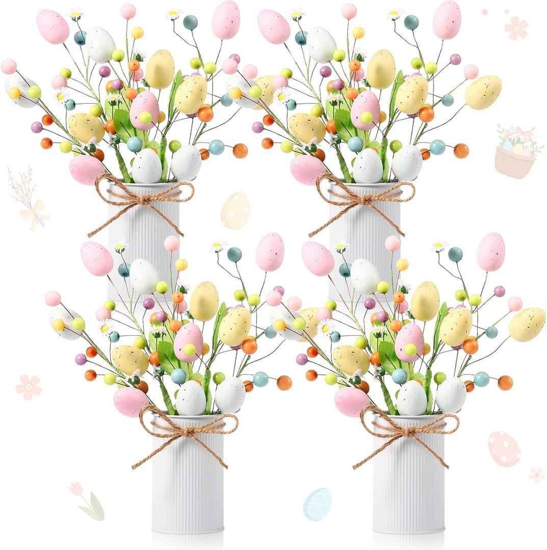 Riceshoot 4 Set Easter Table Centerpiece Decor Artificial Easter Egg Picks with Metal Vase Daisy Flowers Sprays Floral Berry Stems Colorful Egg Twig Branches for Spring Home Party Decoration