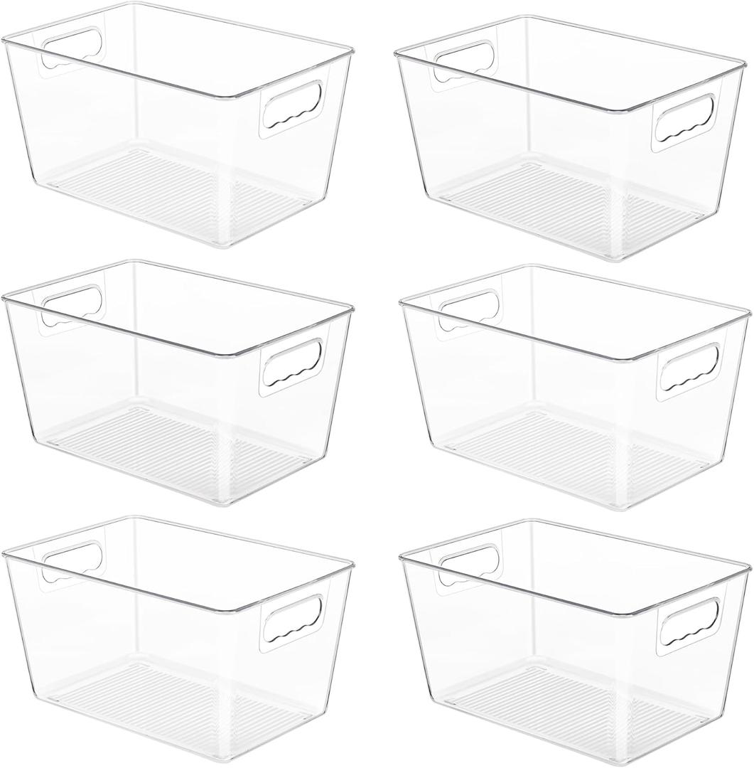 YIHONG 6 Pack Clear Pantry Organizer Bins, Plastic Containers with Handle for Kitchen,Freezer,Cabinet,Closet,Bathroom Under Sink Storage (L(11.2"L x 7.5"W x 6"H))