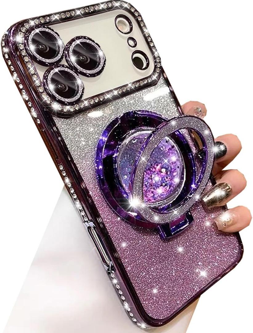 Changjia Glitter Kickstand Case for iPhone 17 Pro Max,Cute Bling Sparkly Diamond Rhinestone with Camera Lens Protector Liquid Flowing Ring Stand TPU Bumper Women Girl Case for iPhone 17 Pro Max,Purple