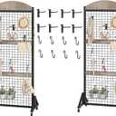 2 Packs Grid Wall Panel 5.7' x 2' FT Grid Display Rack with Wheels, Movable Gridwall Display Stand with 8 S-Shaped Hooks and 8 Garment Hooks, Floorstanding Wire Grid Rack, Greige and Black TCJ17P2BG