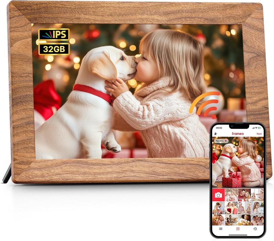 Frameo 10.1" Digital Picture Frame, Smart WiFi Digital Photo Frame with 1280x800 HD IPS Touch Screen 32GB Memory Auto-Rotate Wall Mounted, Share Photos/Videos from Phone Anywhere - Brown