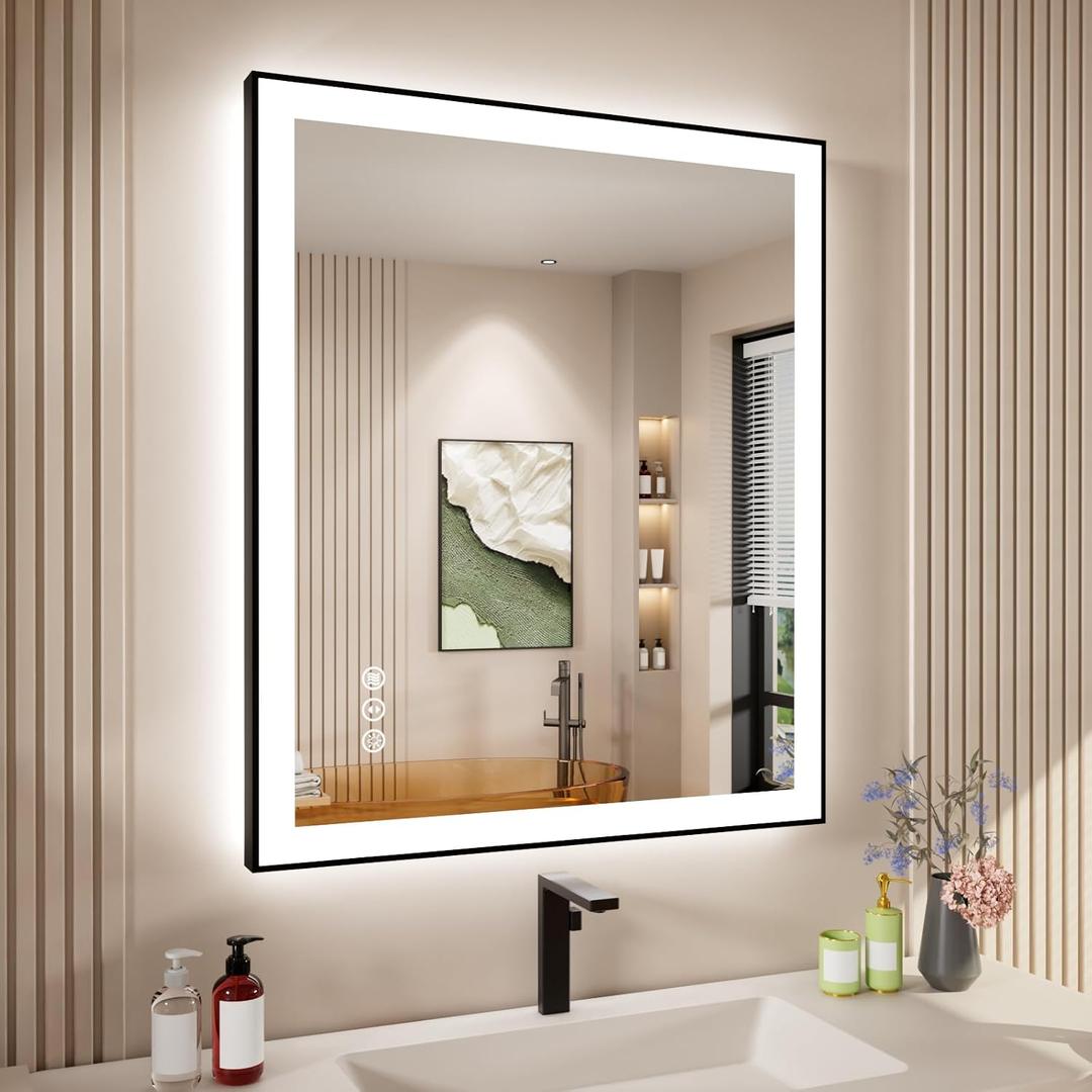 30x36 Inch LED Bathroom Mirror with Black Frame, Backlit and Front Lighted Bathroom Mirrors for Wall, Anti-Fog, Dimmable, Memory, Shatterproof, LED Vanity Mirror for Bathroom