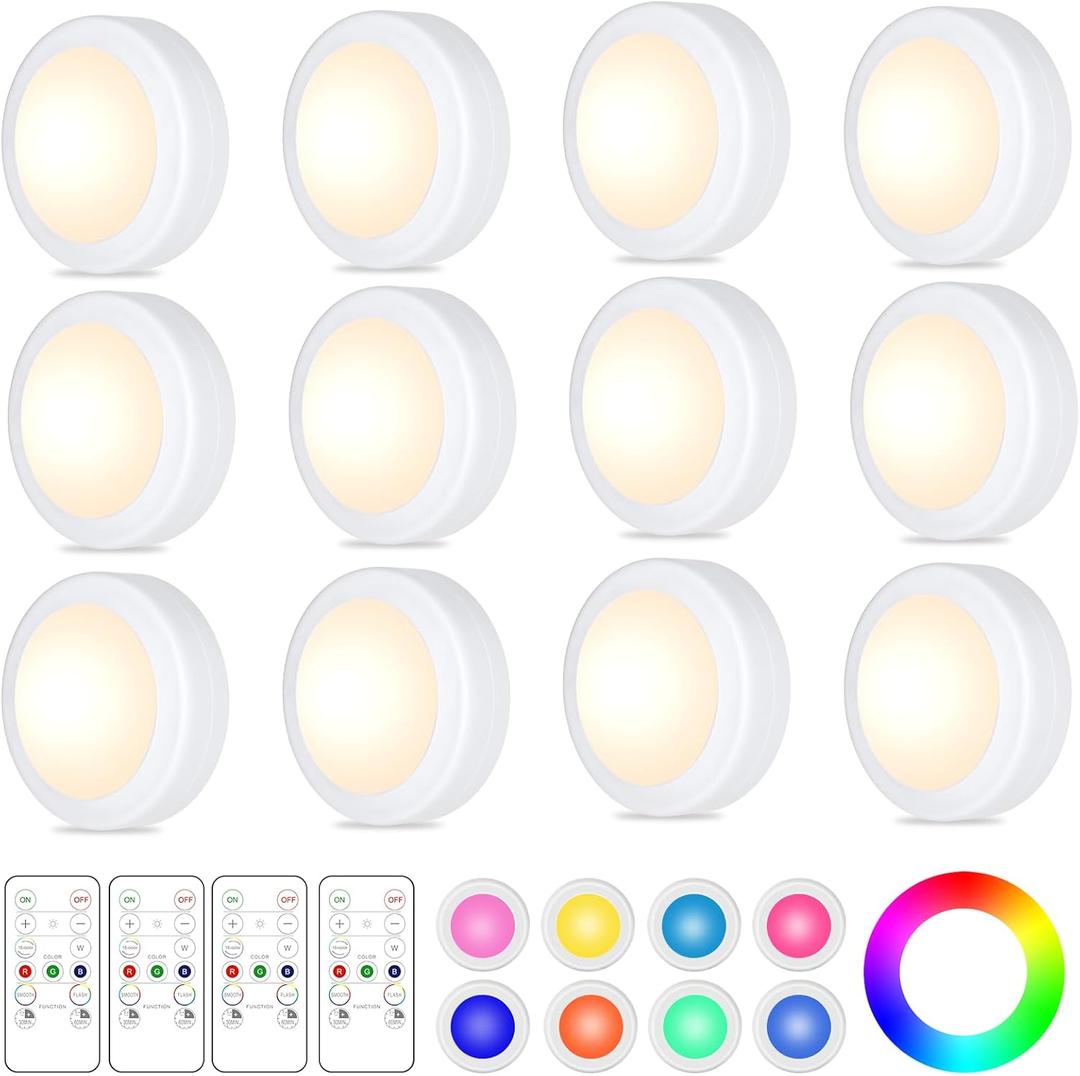Yiliaw 12 Pack LED Puck Lights Remote Control 16 Color Changeable Under Cabinet Lights, Battery Operated Lights Night Light with Dimmer & Timmer for Closet Bedroom Kitchen, White