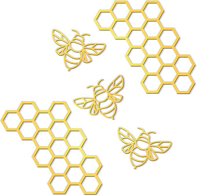 Peryiter 5 Pcs Metal Bee Wall Art Farmhouse Honey Bee Honey Comb Decor Wire Metal Wall Decor Hanging for Living Room Garden Bedroom Office Home(Gold)