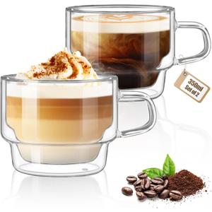 glastal 12 oz Latte Macchiato Glasses, Double-Walled Coffee Glasses, Set of 2, Glass Stackable Coffee Cups, Tea Glasses with Handle for Cappuccino, Tea, Milk, Gifts for Women Friends New Home Gift