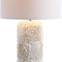 JONATHAN Y 28.5" Cream Seashell Resin and Crystal LED Table Lamp, Coastal Floral Mosaic Column Lamp with White Linen Drum Shade for Living Room, LED Bulb Included JYL1006A