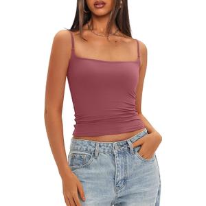 Darong Women Padded Tank Top Built in Bra Adjustable Spaghetti Straps Double Lined Basic Cami Shirt (Large, Merlot)