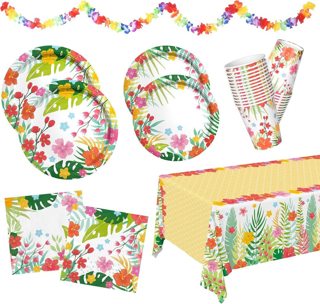 2 x Tropical Luau Party Supplies Kit for 25 - Aloha Hawaiian Party Decorations with Disposable Paper Plates, Napkins, Cups, Tablecloth, and Banner | BBQs & Summer party