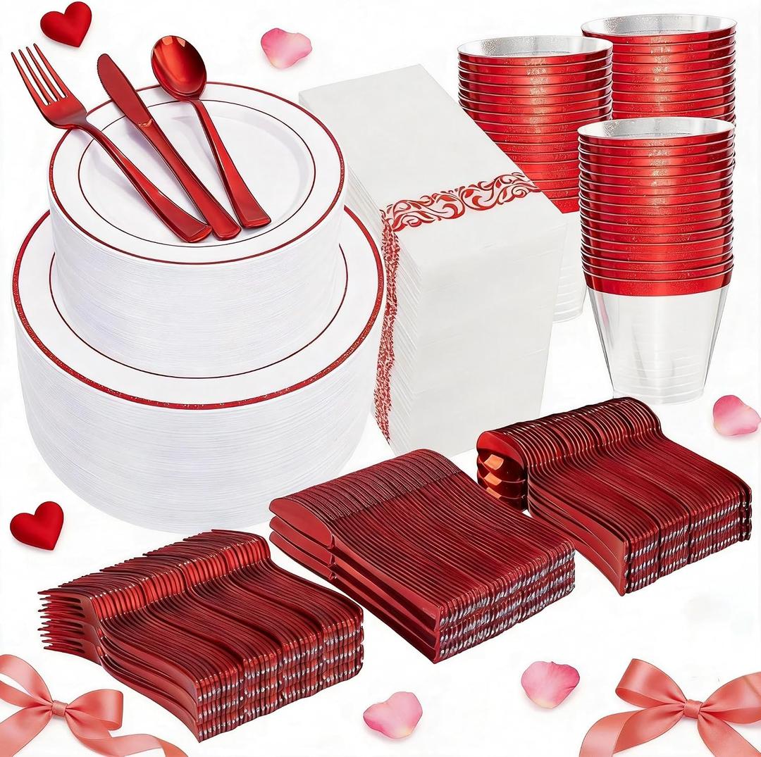 WELLIFE 700 Pcs Red Plastic Plates for 100 Guests - Plastic Dinnerware Set,Party Supplies Includes 200 Red Disposable Plates,300 Silverware,100 Napkins,100 Cups,Valentines Plates