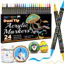 Betem Acrylic Paint Markers, Dual Tip 24 Colors Acrylic Paint Pens with Brush Tip and Fine Point, Art Supplies for Rock, Wood, Canvas, Stone, Glass, Ceramic, Rock Painting, glass maker