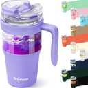 Tronco 32oz Glass Tumbler with Straw and Lid, Leakproof 2-in-1 Sip and Flip Straw Lid, Glass Water Bottles with Handle, Fit in Cup Holder, BPA Free, Dishwasher Safe (Purple)