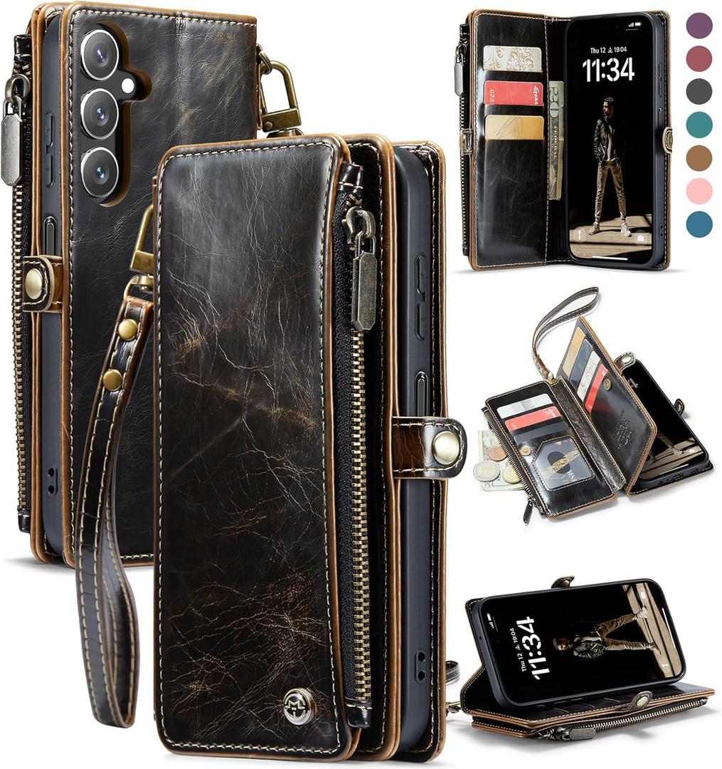 Defencase Samsung Galaxy A14 5G Case, PU Leather Wallet for Women Men, Magnetic Flip Zipper Card Holder Wallet Phone Case, Luxury Coffee