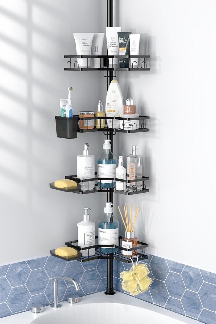 Aitatty Corner Shower Caddy Tension Pole: 4 Tier adjustable Rustproof Bathroom Organizer Shelves - Bathtub shampoo rack 31-124 inch, Black