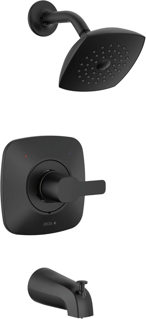 Delta Faucet Modern 14 Series Matte Black Shower Faucet, Tub and Shower Trim Kit with Single-Spray Touch-Clean Black Shower Head, Matte Black T144339-BL-PP (Valve Not Included)