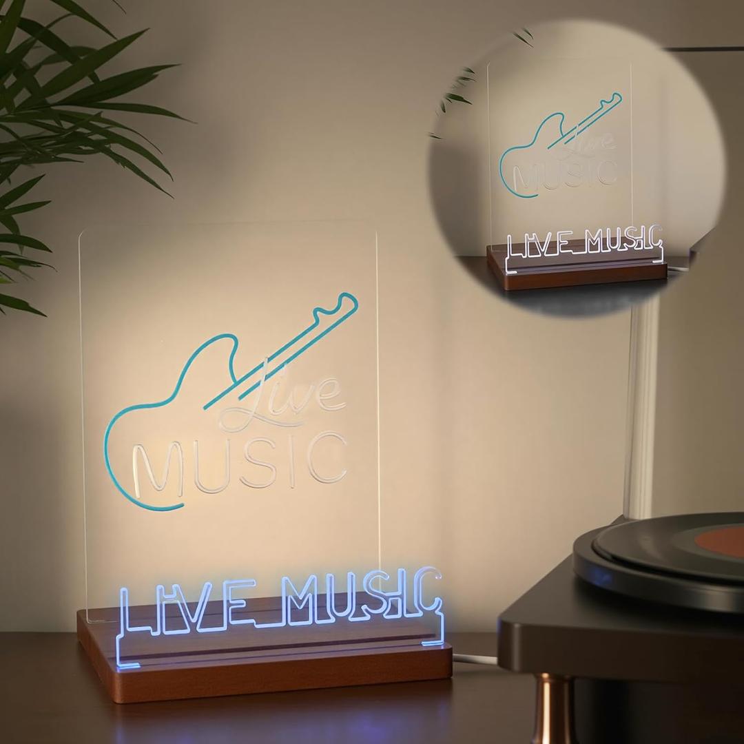 Living Music Vinyl Record Stand Light up Record Holder Wooden Acrylic for Vinyl Album Display and Storage Adjustable Brightness Vintage Music Decor(Guitar)