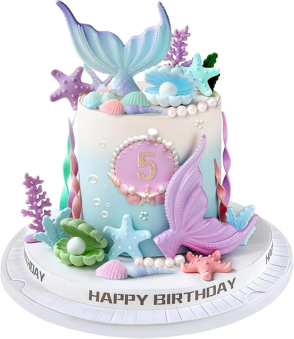 21pcs Mermaid Cake Topper - Mermaid Tail Cake Decorations with Seaweed Shells Starfish Coralal Under the Sea Cake Decorations for Birthday Party Decorations (Blue Purple)