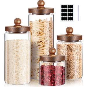 Gerrii Glass Storage Jars Set of 4, Clear Food Storage Containers with Wooden Lids Airtight Kitchen Canisters with Sticker and Chalk for Candy Cookie Rice Sugar Flour Pasta Nuts Beans Spice, 4 Sizes