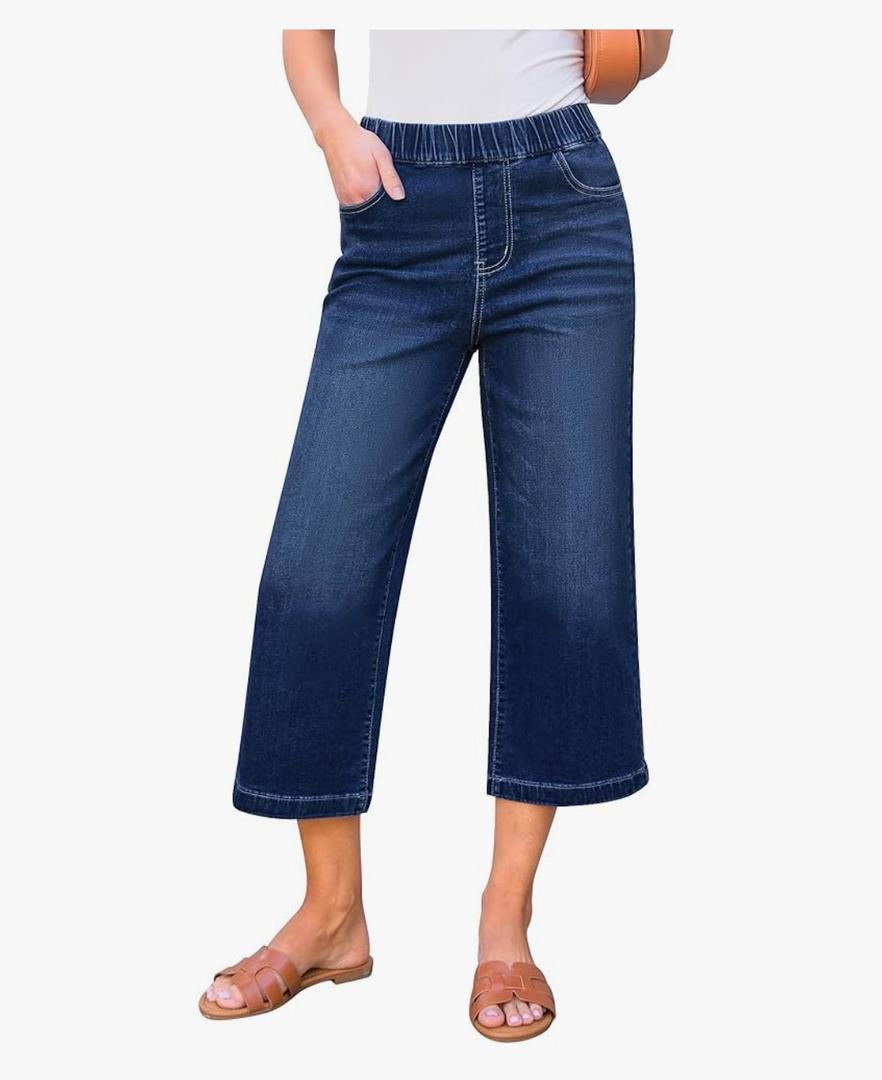 GRAPENT Capri Jeans for Women Wide Leg High Waisted Effortless Flow Pull On Stretchy Denim Elastic Waist Pants with Pockets S